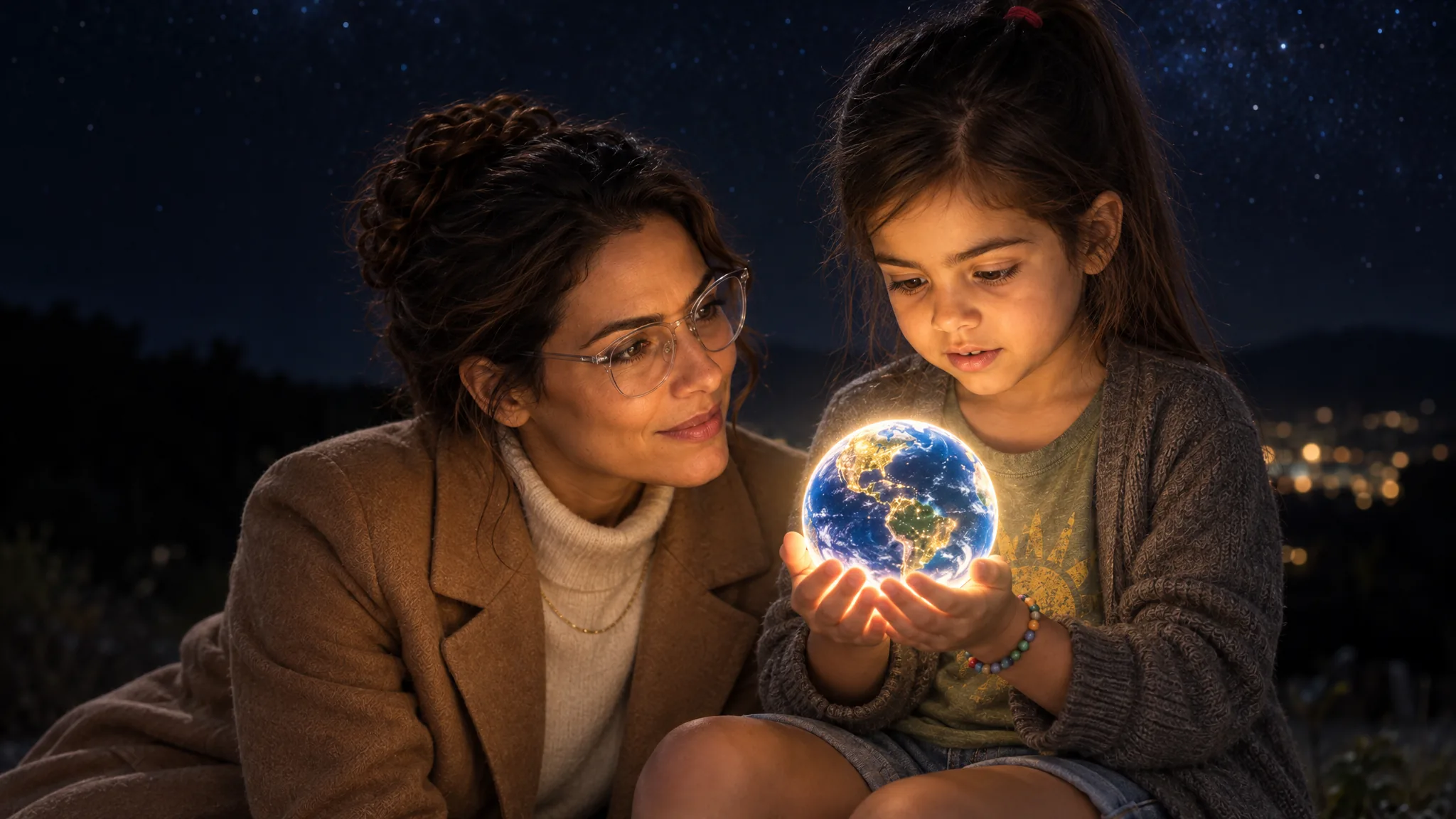 Helena holds a small glowing Earth in her cupped hands while Maia watches.