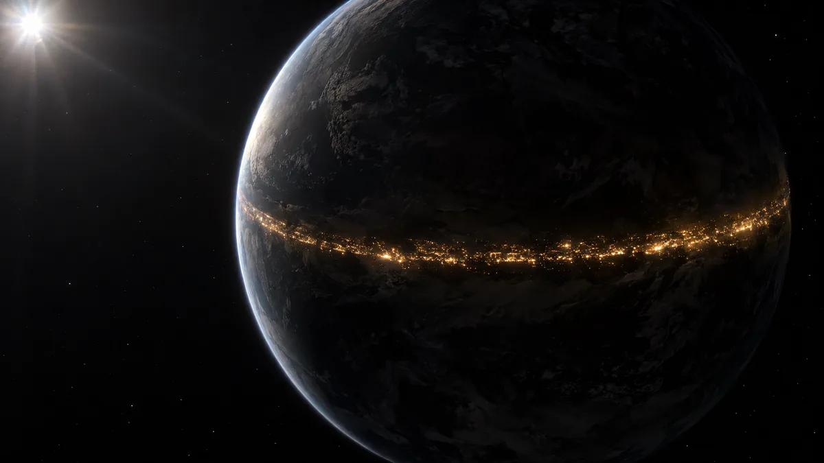 A dark world from orbit with a single band of light.