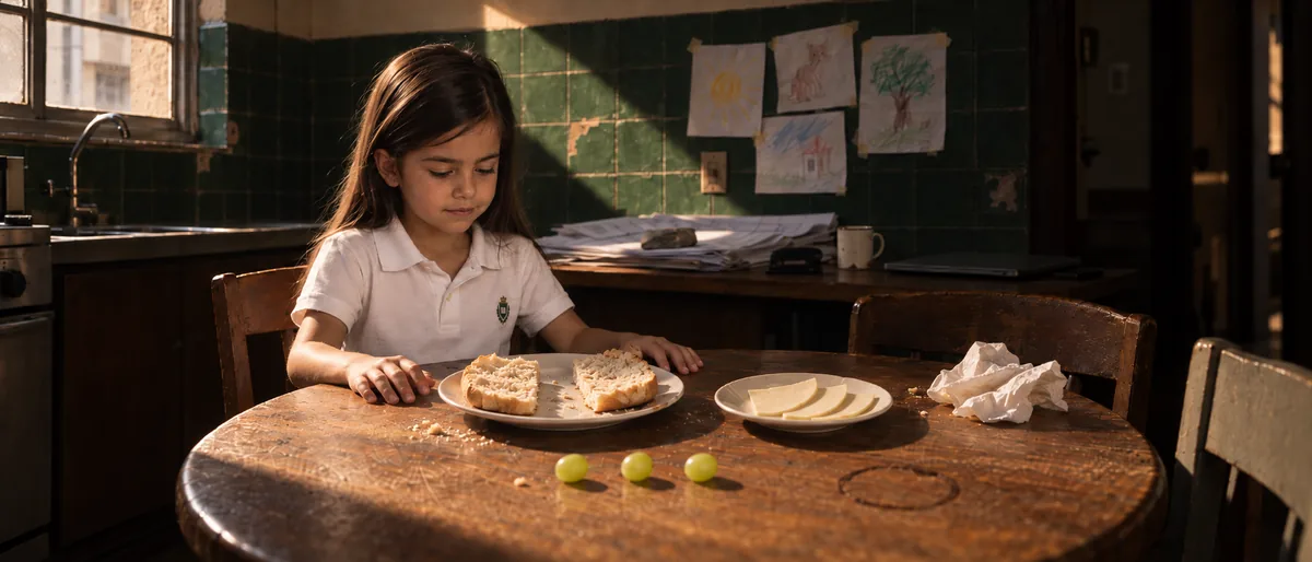 Helena at the breakfast table, her food taken apart.