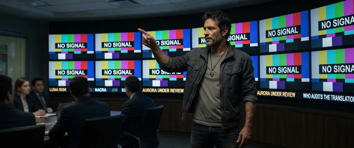 Rafa Orion in front of a wall of screens.