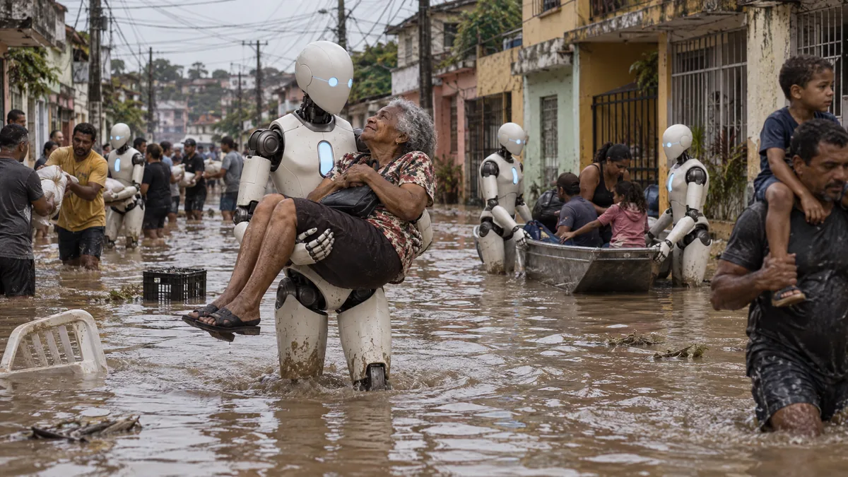 Aurora frames carry residents through floodwater in Recife.