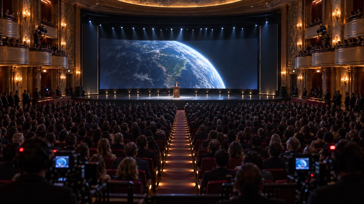 A full theater faces the Earth on a giant screen.